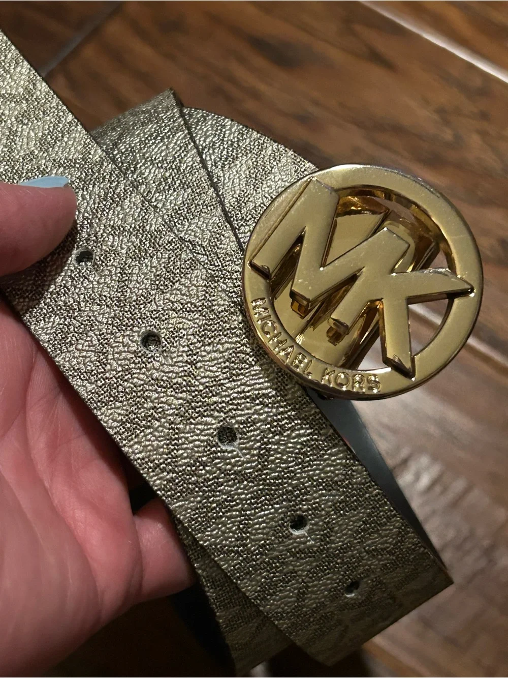 Michael Kors Women’s Gold Metallic Logo Buckle Belt- reversible